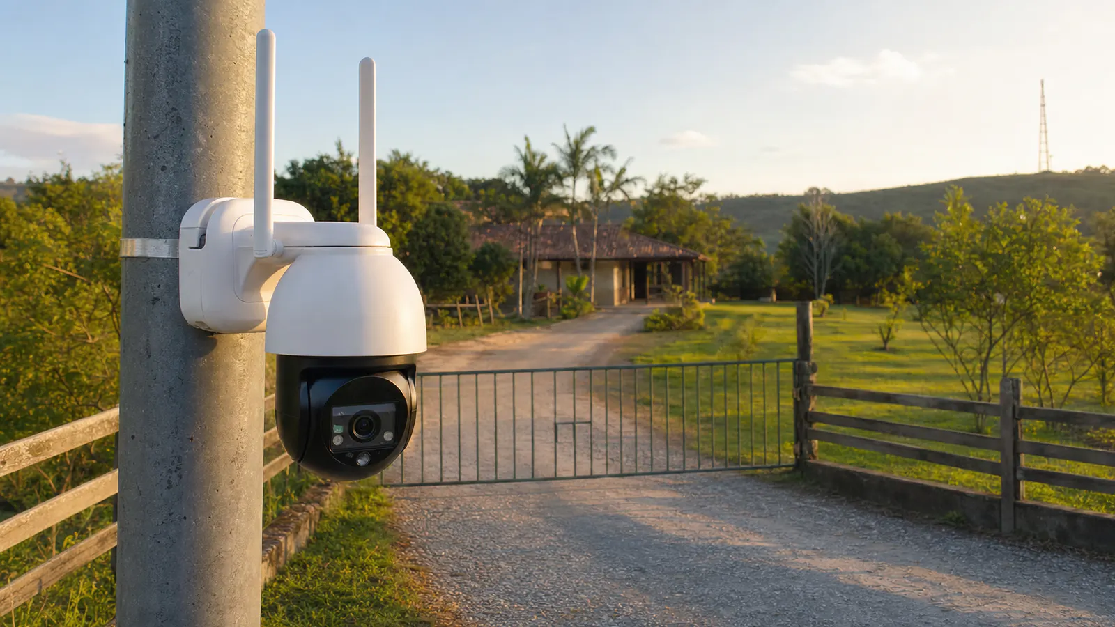 Câmera 4G com duas antenas instalada na entrada de uma propriedade rural