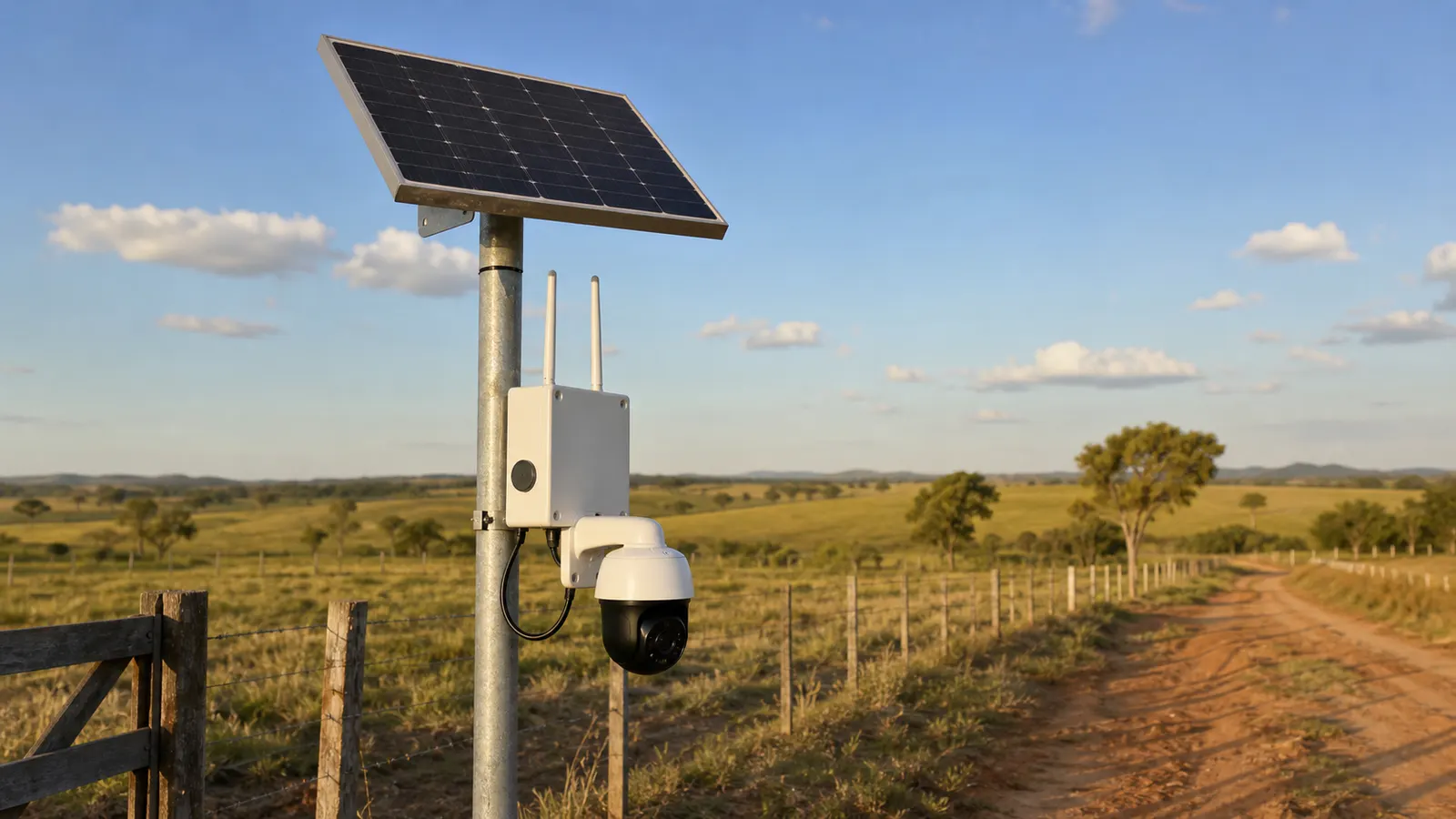Câmera 4G com painel solar instalada em uma estrada rural sem rede elétrica