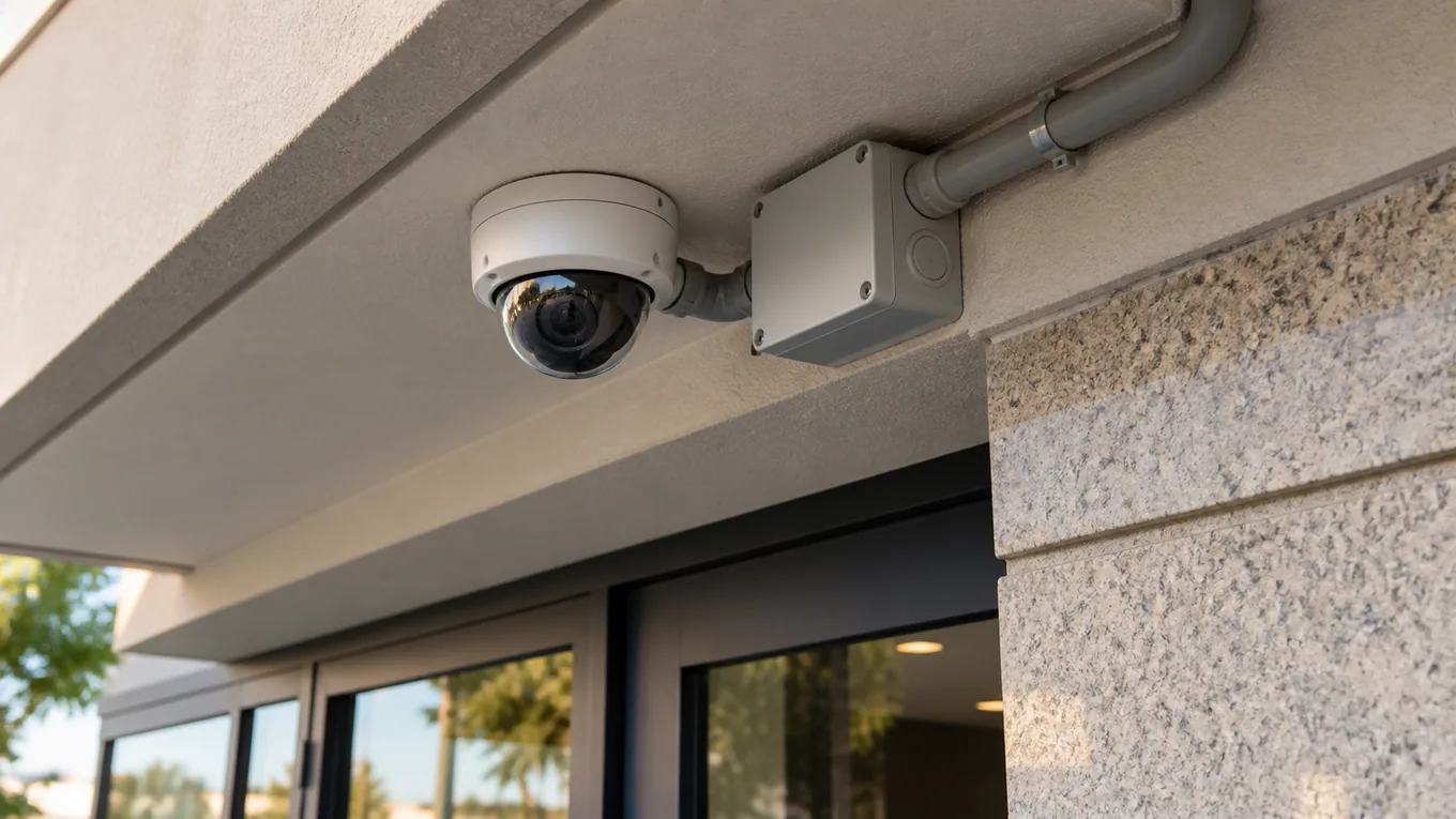 Câmera dome externa instalada com caixa de passagem e conduíte protegidos