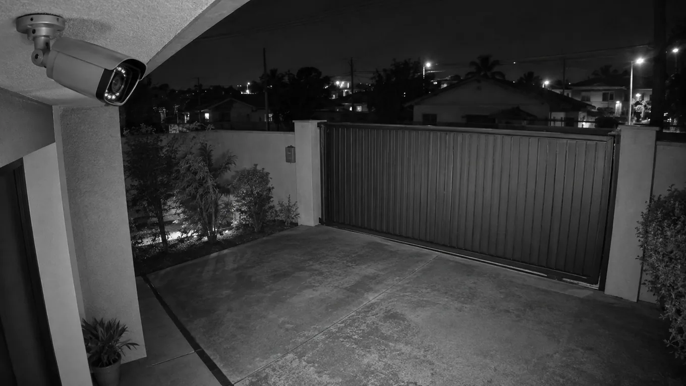 Câmera bullet com infravermelho monitorando garagem e portão durante a noite