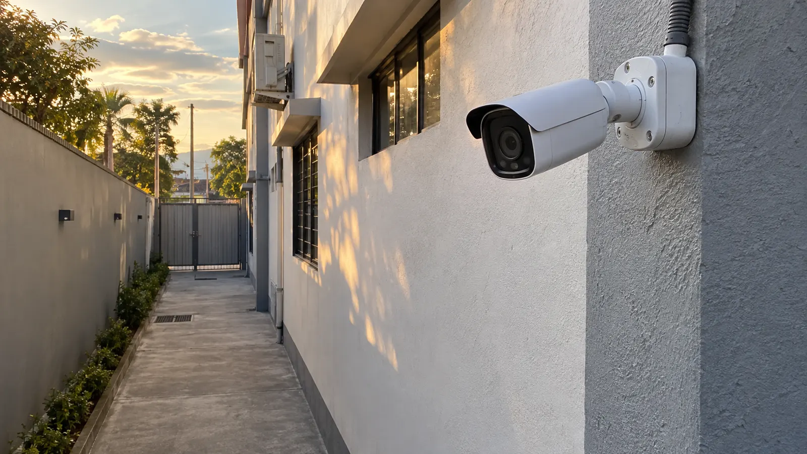 Câmera IP bullet instalada em parede externa direcionada para corredor lateral de edifício