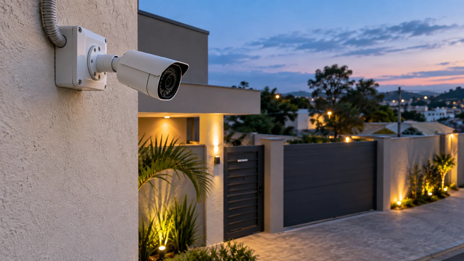 Câmera IP bullet branca instalada em parede externa acima de entrada residencial ao entardecer