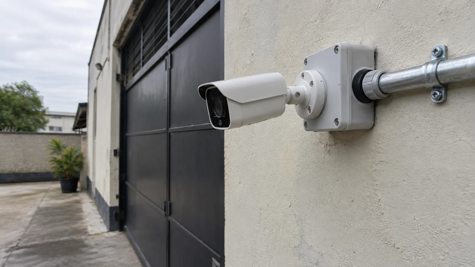 Câmera IP bullet instalada com caixa de passagem, prensa-cabo e conduíte em parede externa