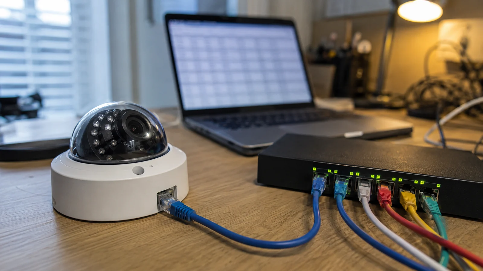 Câmera IP dome branca com cabo de rede azul sobre bancada de madeira, ao lado de um switch preto com vários cabos coloridos conectados e um notebook aberto ao fundo