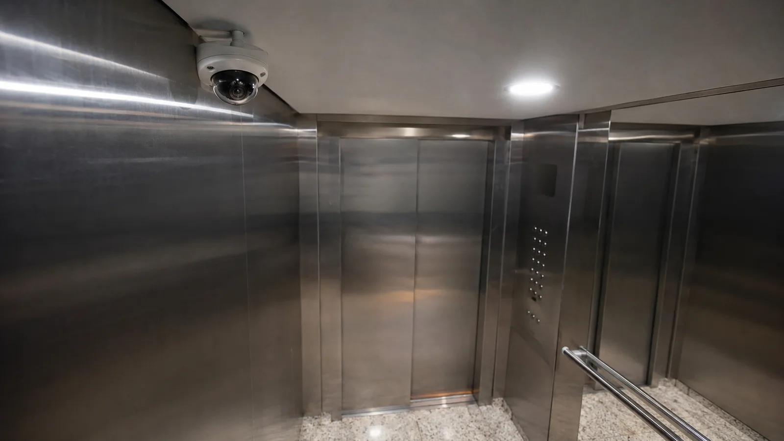 Interior de cabine de elevador revestida em aço inox escovado, com câmera dome branca instalada no canto do teto, luminária de LED e painel de botões na parede lateral