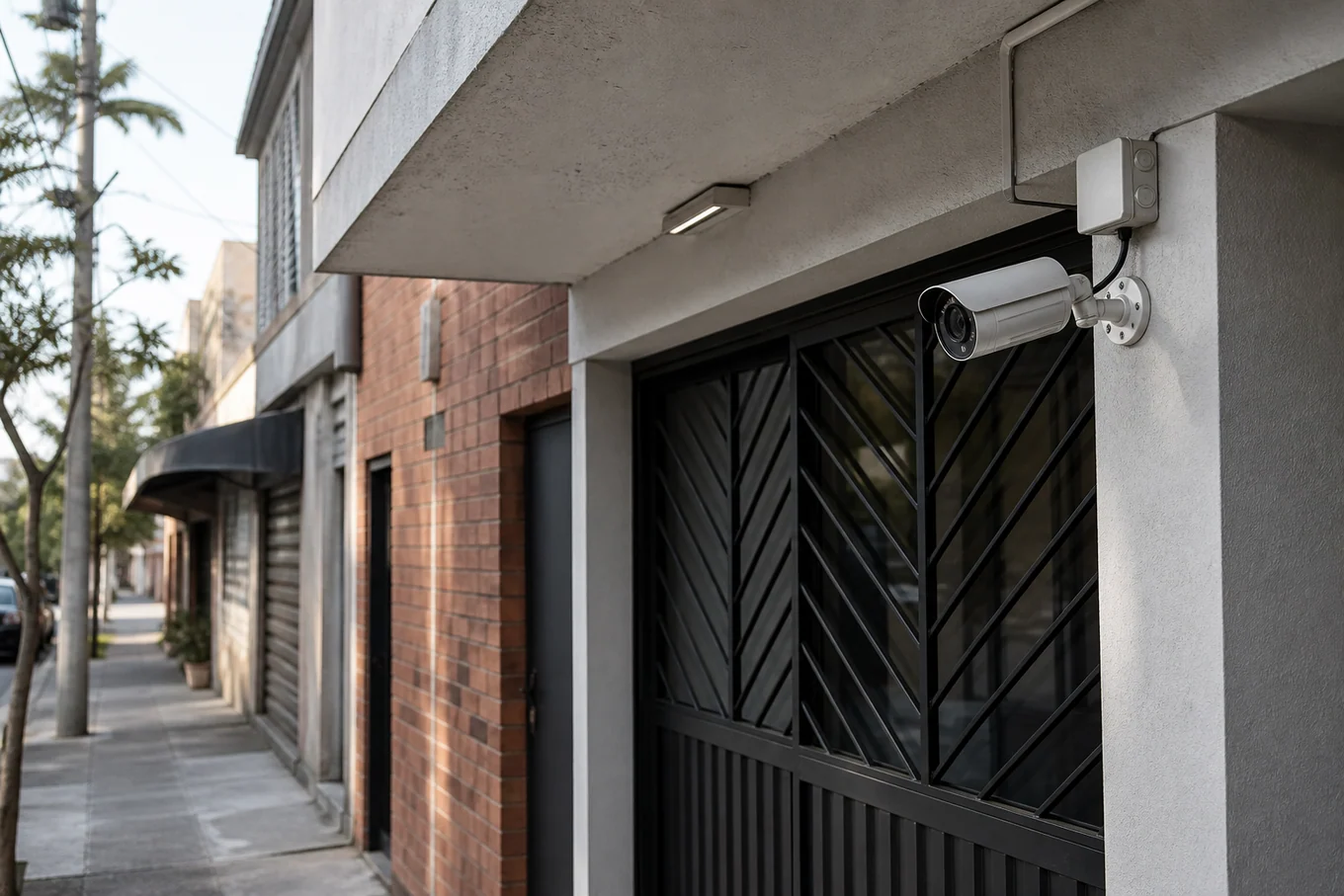 Câmera de segurança externa instalada sob a marquise de uma fachada urbana