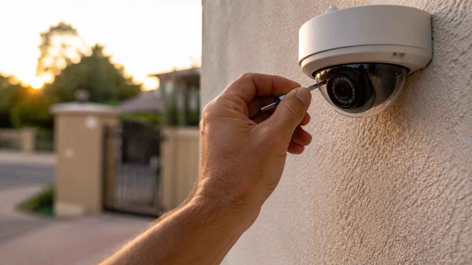 Técnico ajustando com chave de fenda o foco de uma câmera dome instalada em parede externa
