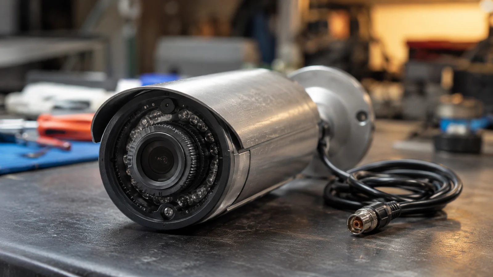Câmera bullet metálica com anel de ajuste da lente varifocal visível, sobre bancada técnica