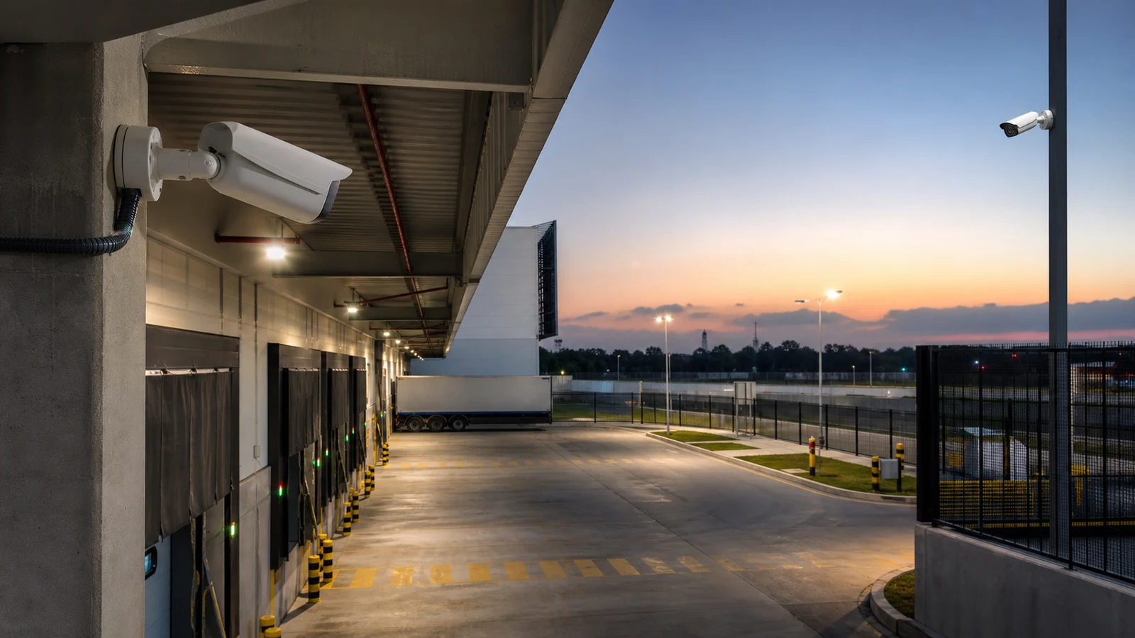 Doca e pátio empresarial com câmeras externas cobrindo o portão e a aproximação de veículos