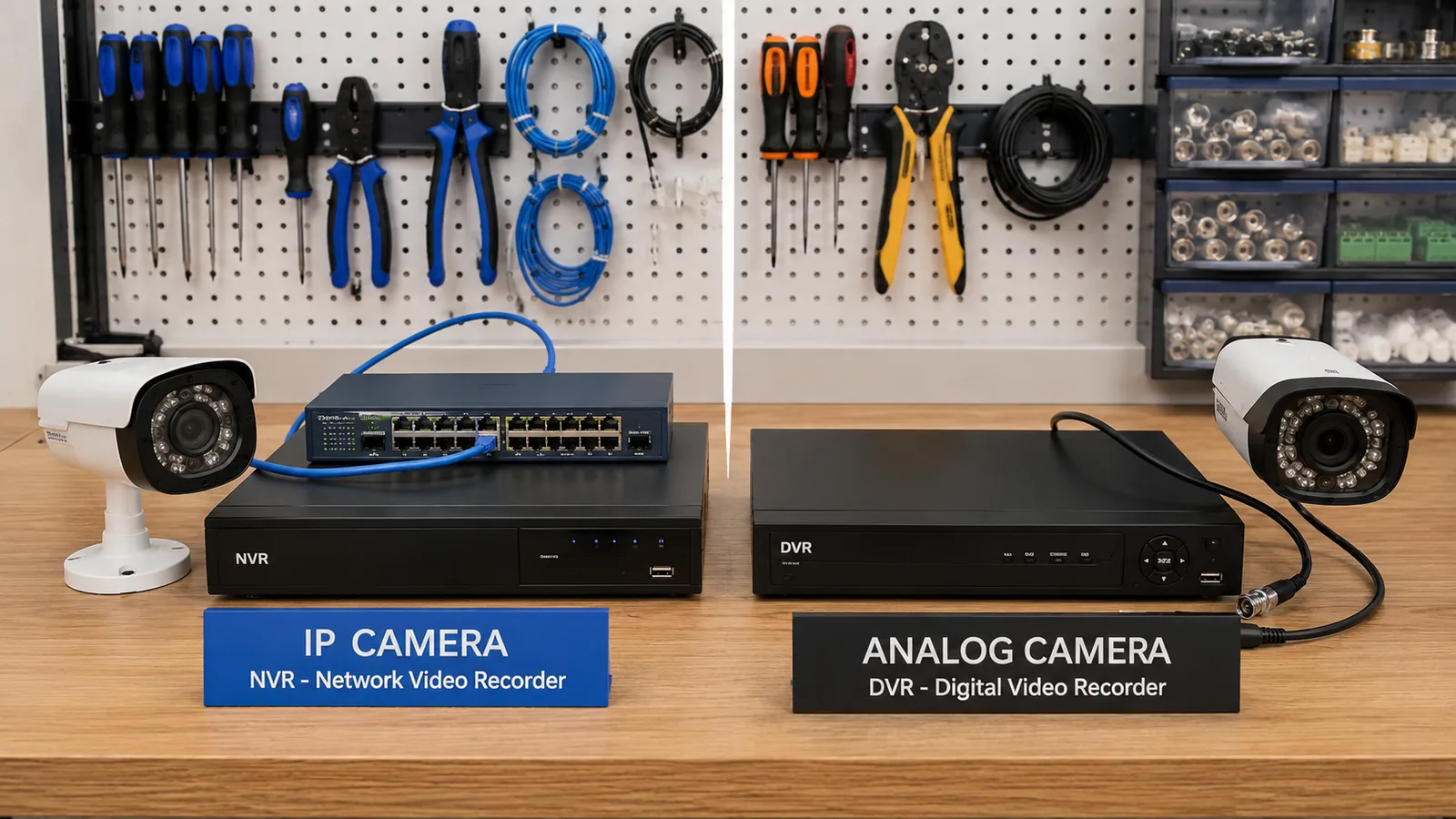 Bancada comparando câmera IP com NVR e câmera analógica com DVR