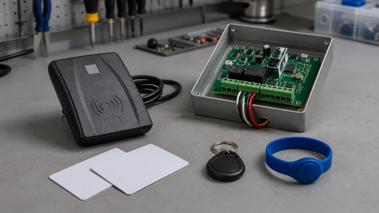 Leitor RFID, cartões, chaveiro de proximidade e controladora separados em uma bancada técnica