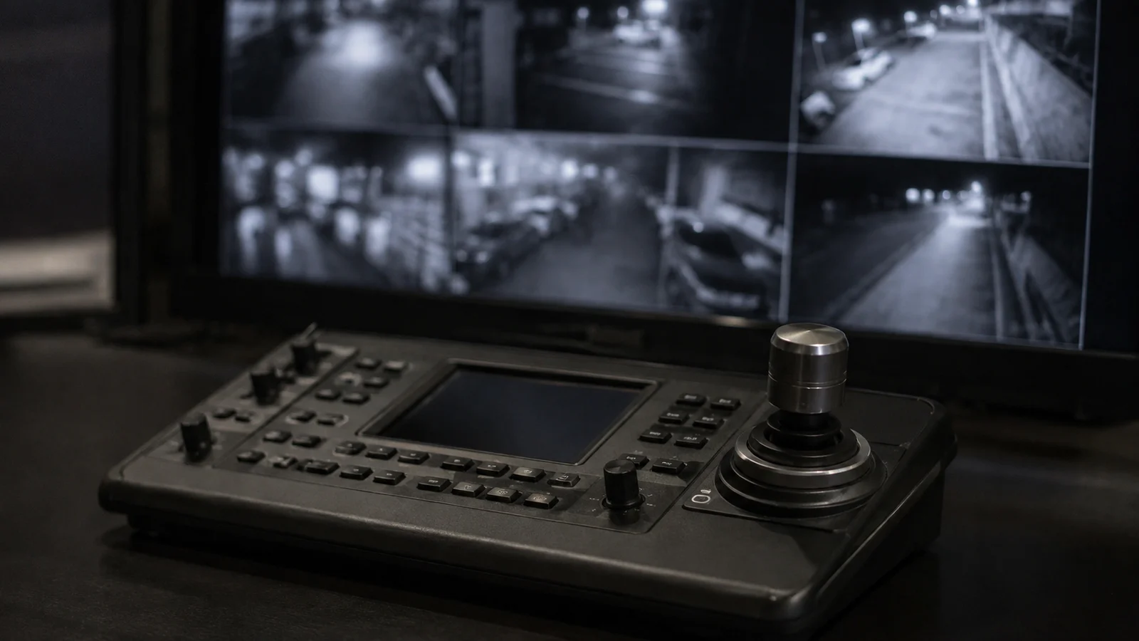 Teclado controlador PTZ com joystick sobre uma mesa de operação, monitor exibindo múltiplas câmeras ao fundo desfocado