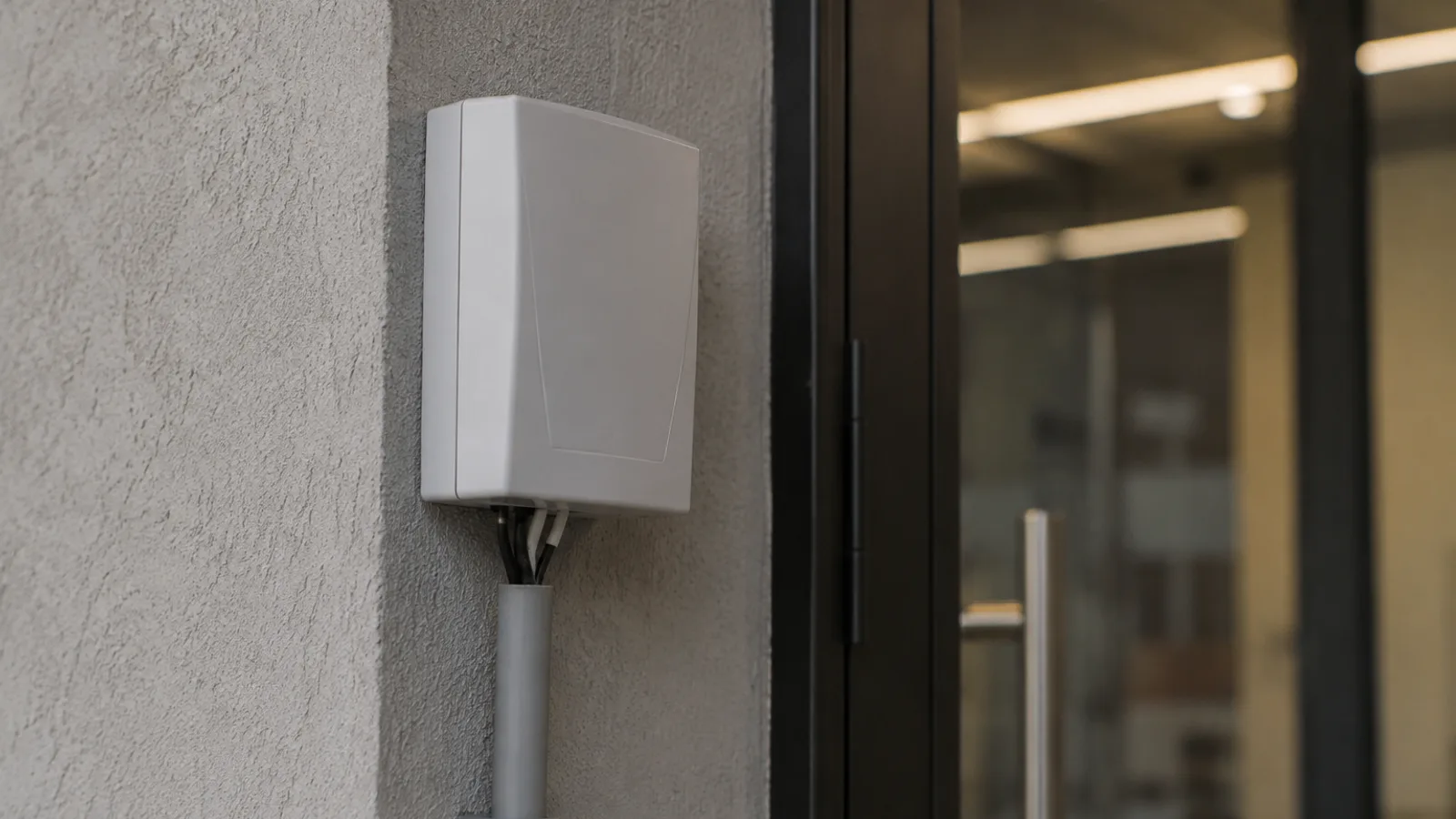 Controladora de acesso instalada na parede perto de uma porta, com fiação organizada
