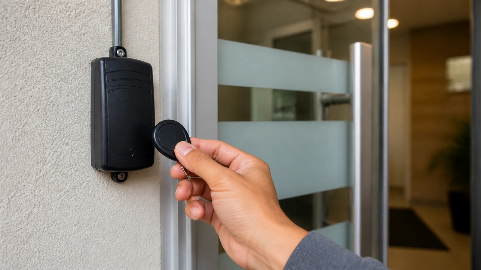 Pessoa aproximando um chaveiro RFID de um leitor de controle de acesso ao lado de uma porta