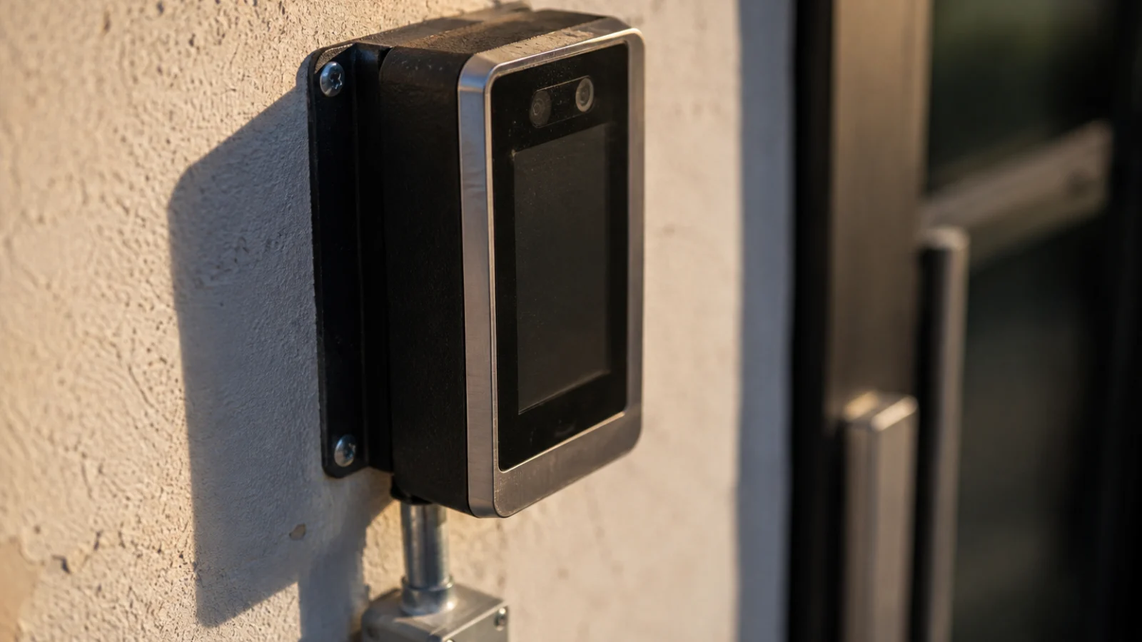 Detalhe de leitor facial montado na parede externa ao lado de uma porta, na altura do rosto