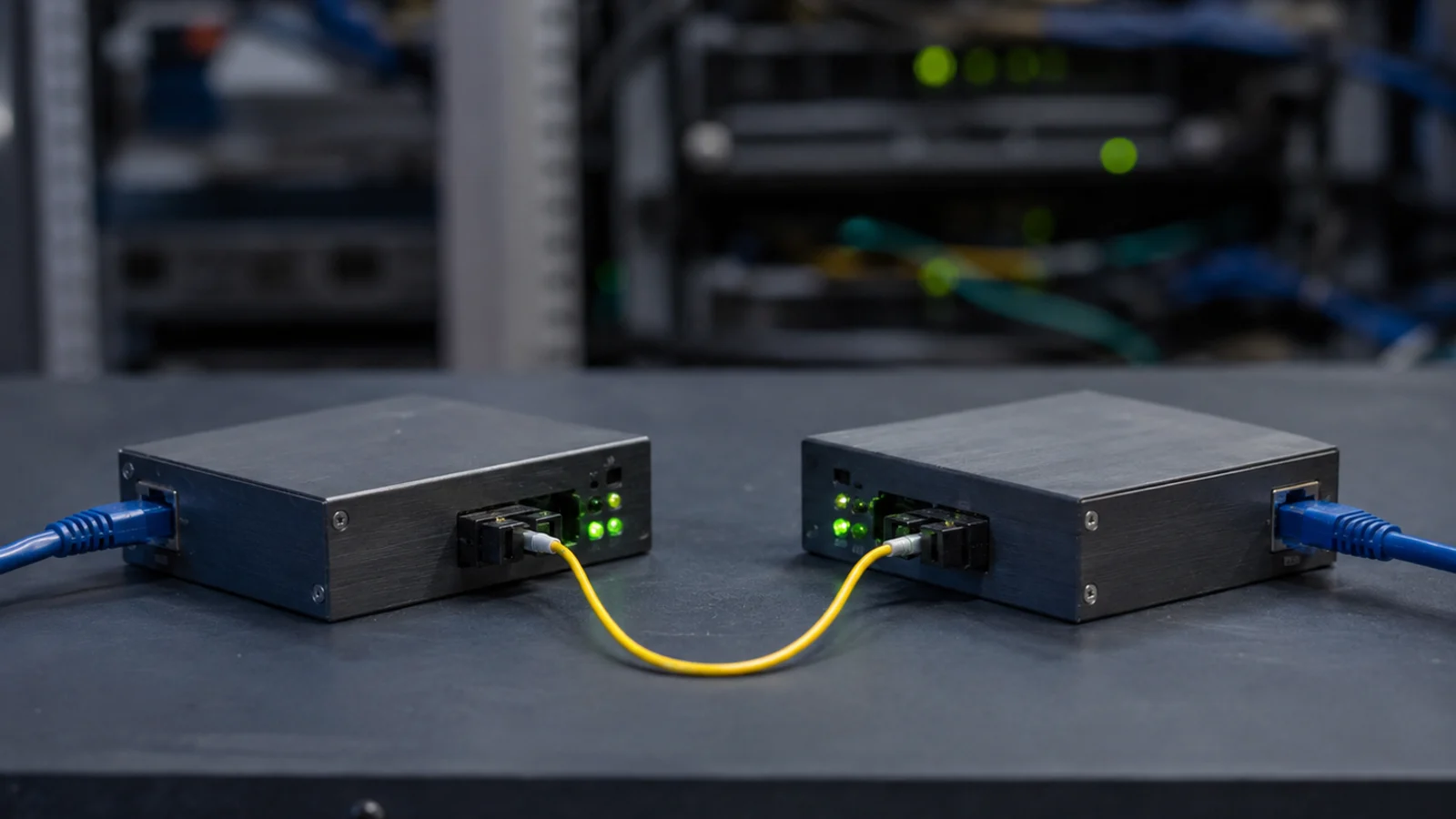 Dois conversores de fibra óptica WDM lado a lado, conectados por um único cabo de fibra amarelo