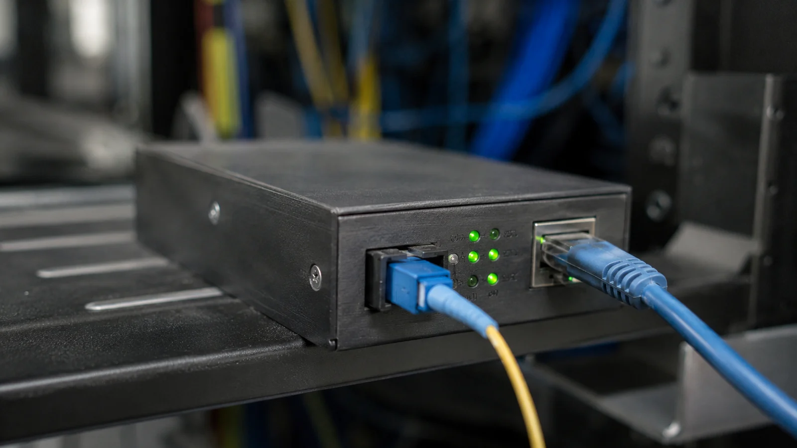 Conversor de mídia com porta RJ45 e conector SC de fibra óptica em rack de rede