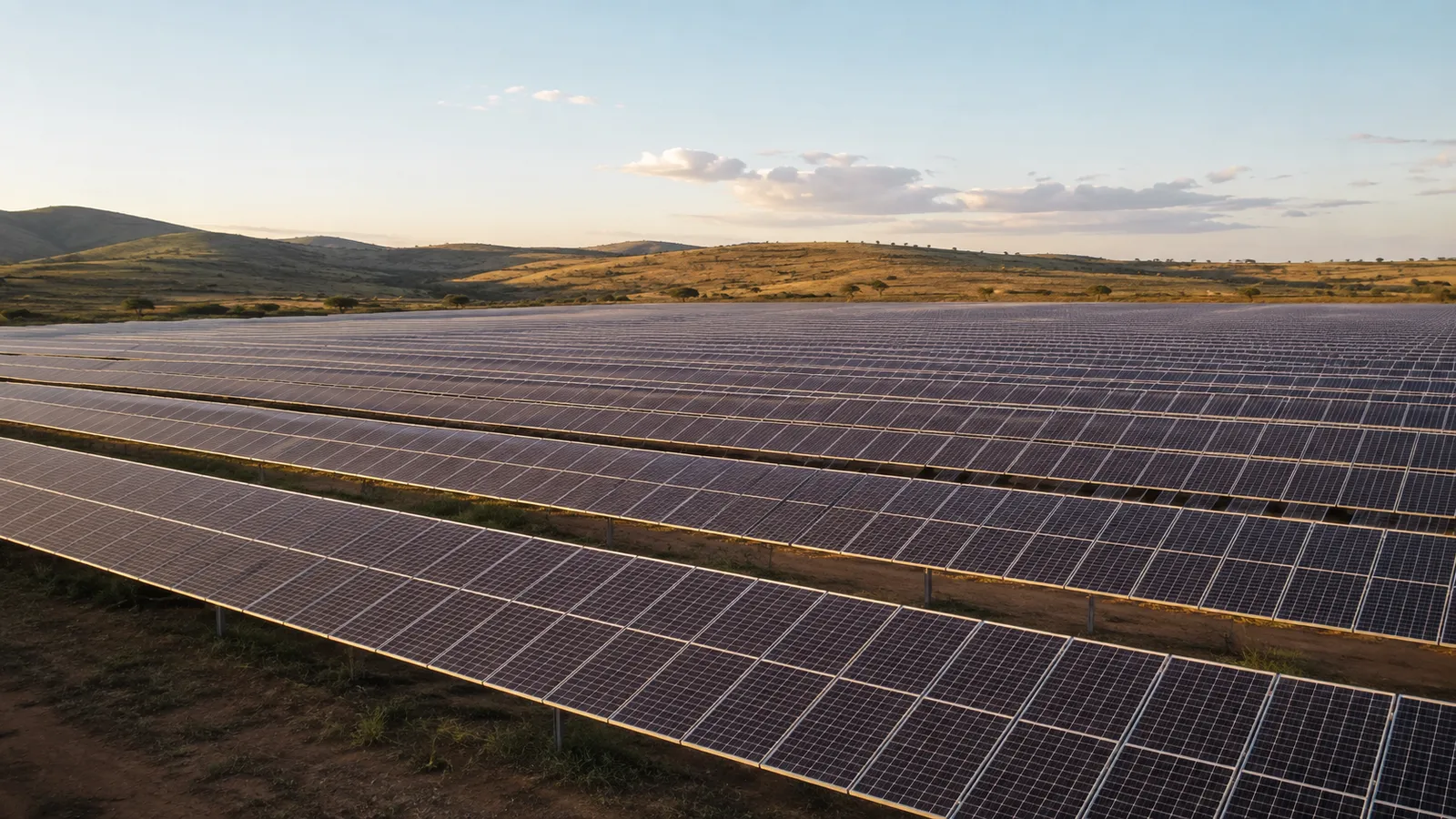 Usina solar remota com fileiras de painéis fotovoltaicos em área aberta, sob céu ensolarado