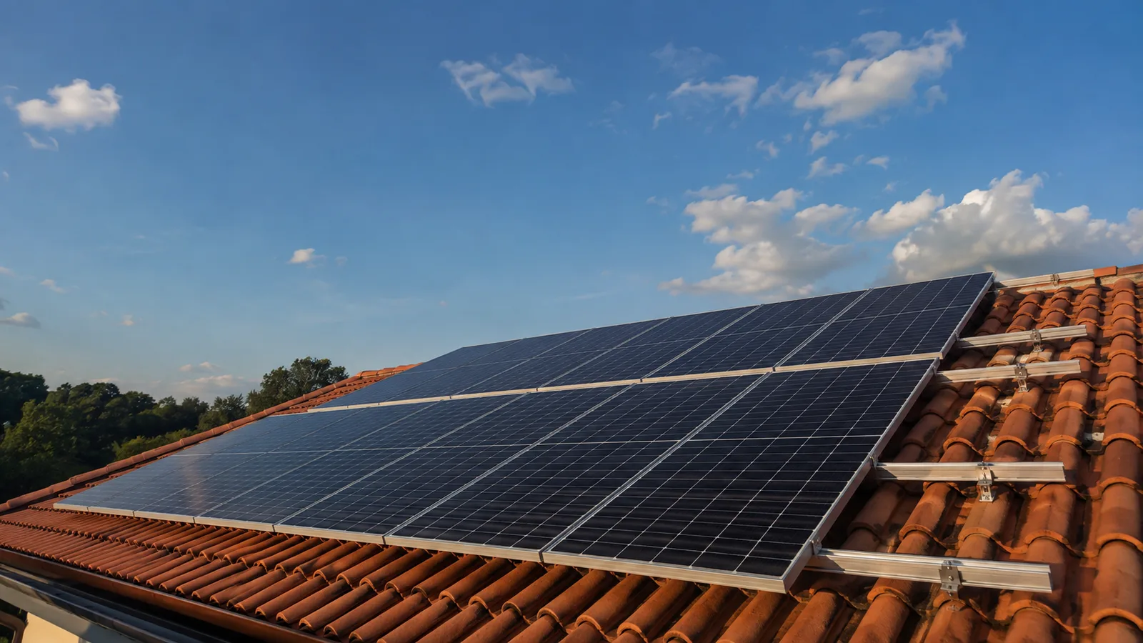 Módulos fotovoltaicos instalados no telhado de uma residência, vistos de baixo contra o céu, com a estrutura de fixação metálica aparente
