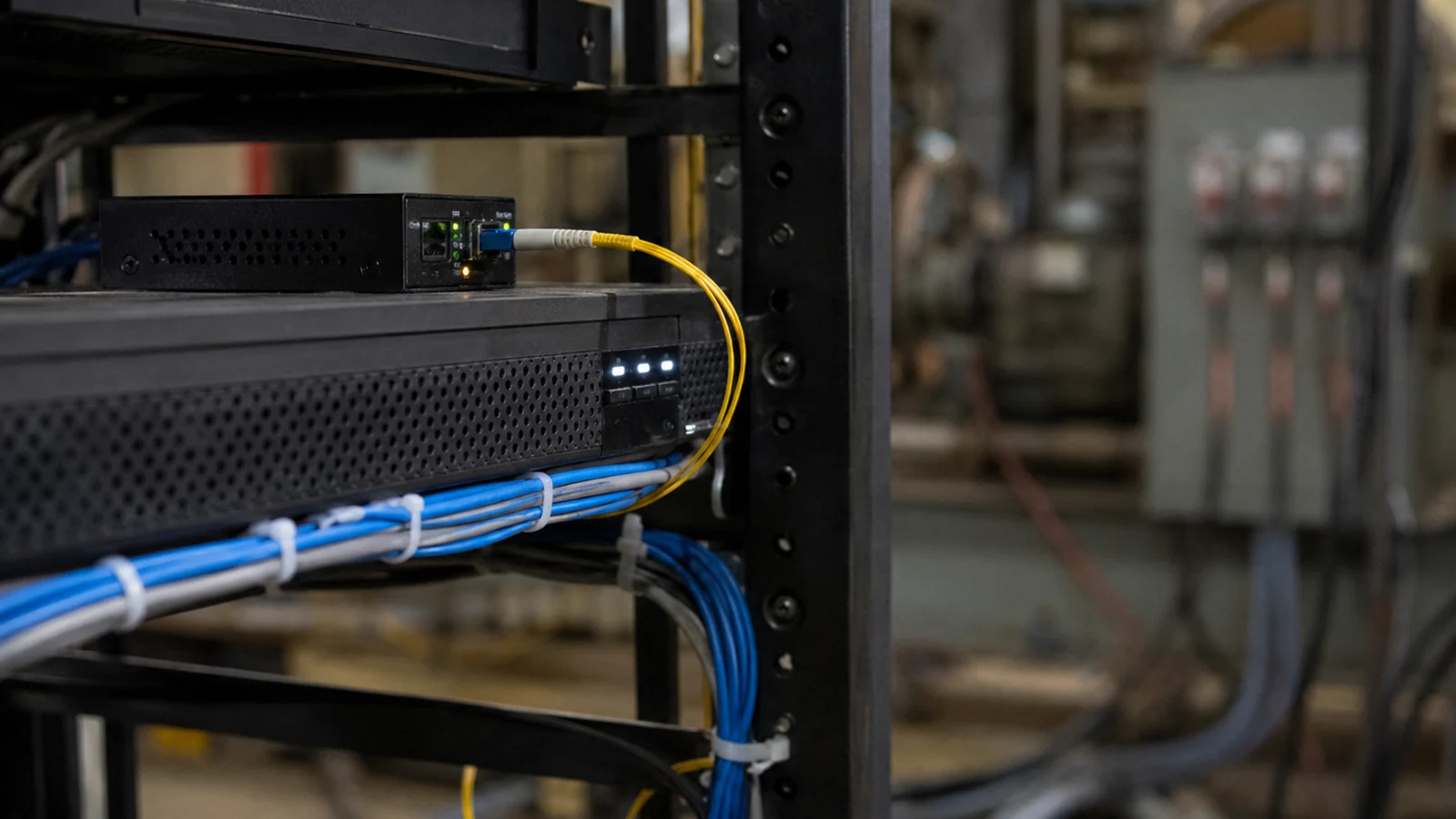 Cabo de fibra óptica amarelo conectado a um conversor de mídia ao lado de um NVR em ambiente industrial