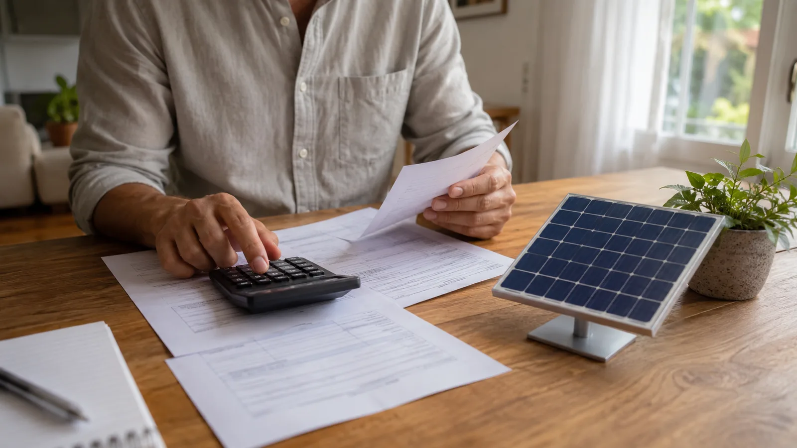 Pessoa em uma mesa analisando papéis de financiamento e uma calculadora, com uma miniatura de painel solar ao lado