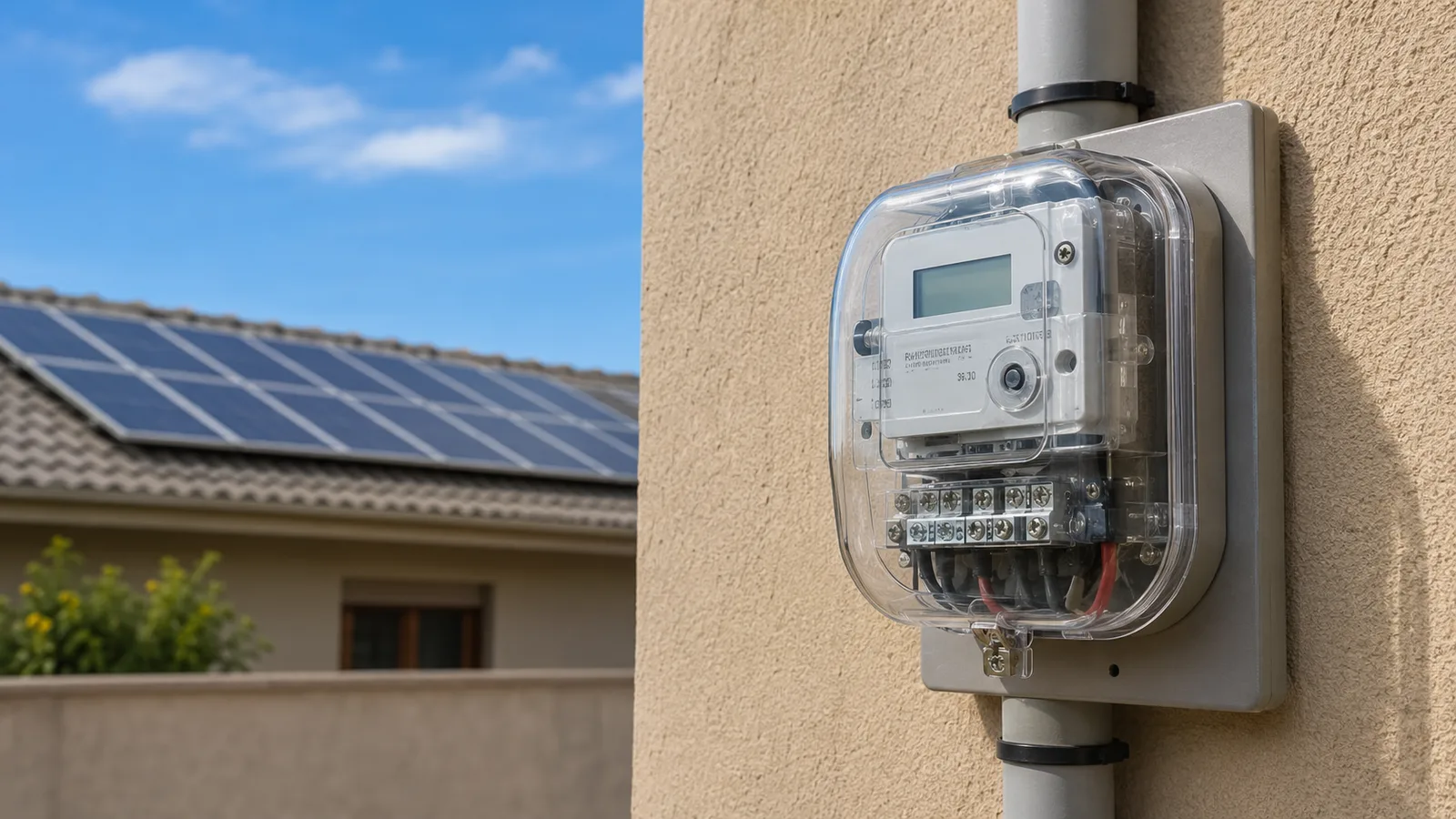 Medidor de energia bidirecional instalado na parede externa de uma residência, com módulos fotovoltaicos visíveis no telhado ao fundo
