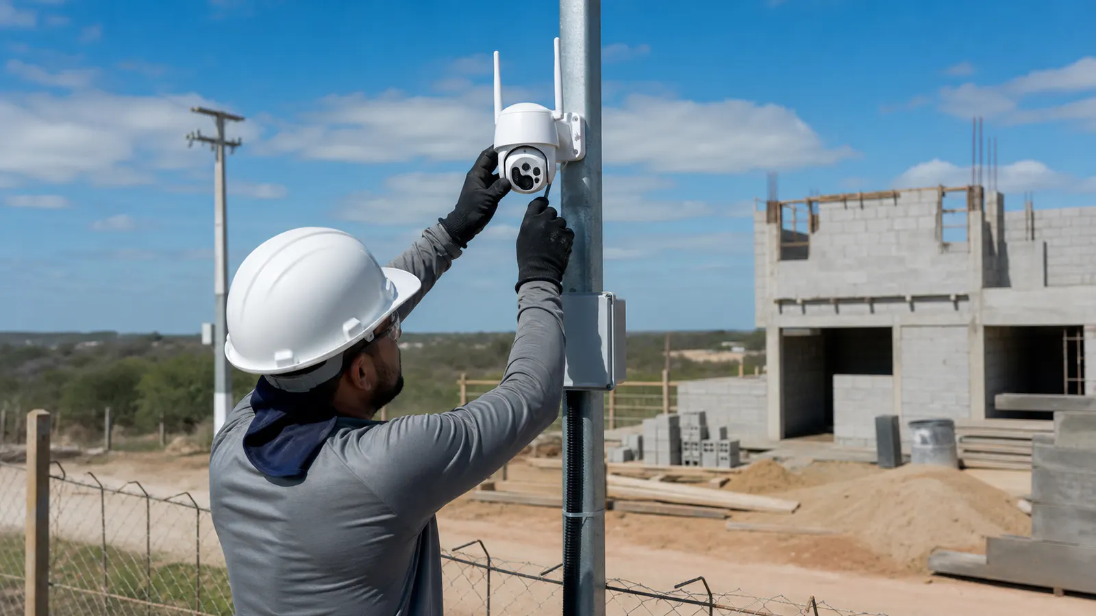 Técnico instalando câmera 4G em poste de uma obra localizada em área remota