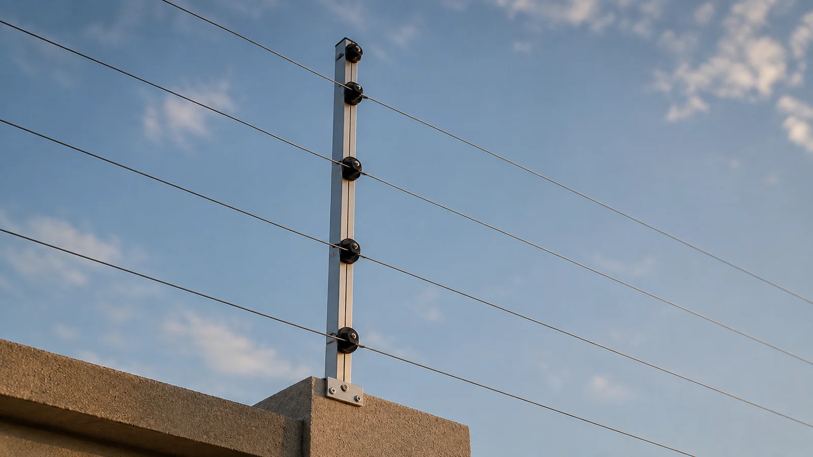 Detalhe do topo de um muro com hastes de cerca elétrica, isoladores e fios paralelos espaçados