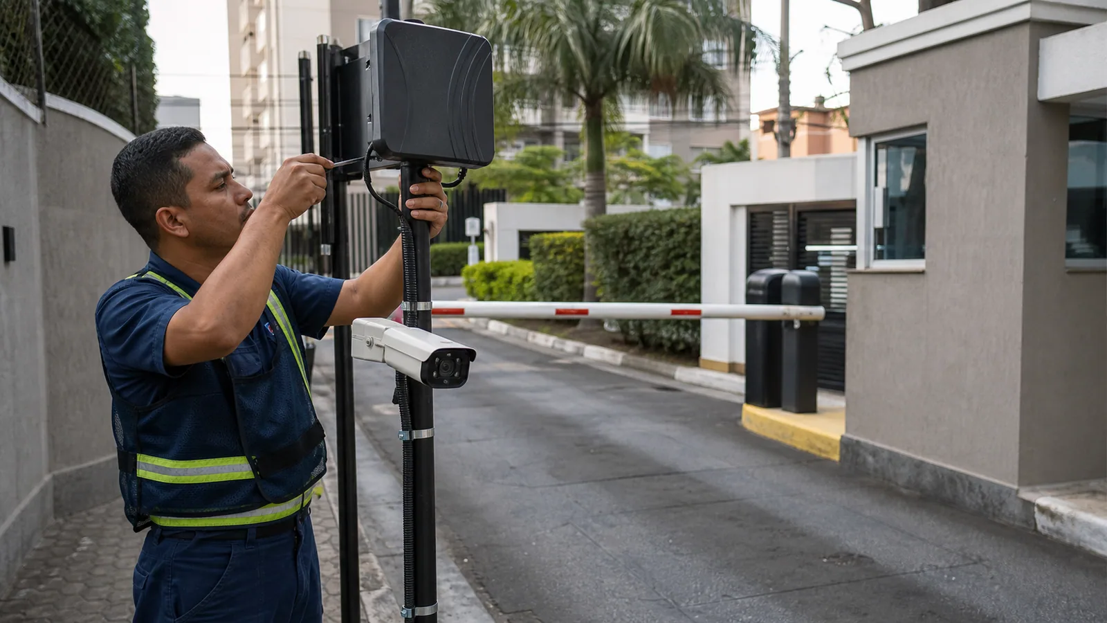 Técnico ajustando leitor UHF e câmera na entrada de veículos de um condomínio
