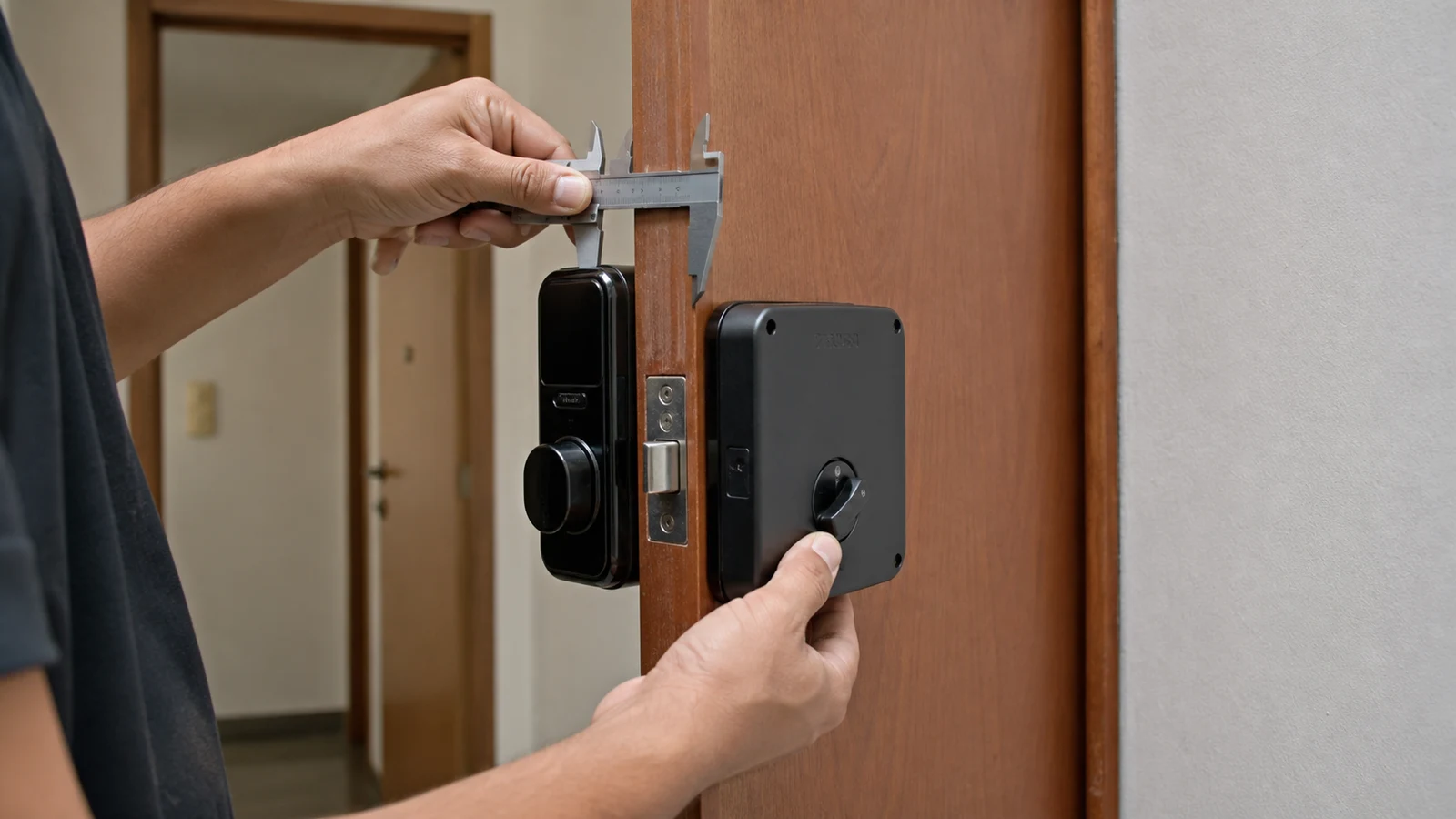 Técnico medindo a espessura e alinhando os módulos de uma fechadura digital em porta interna