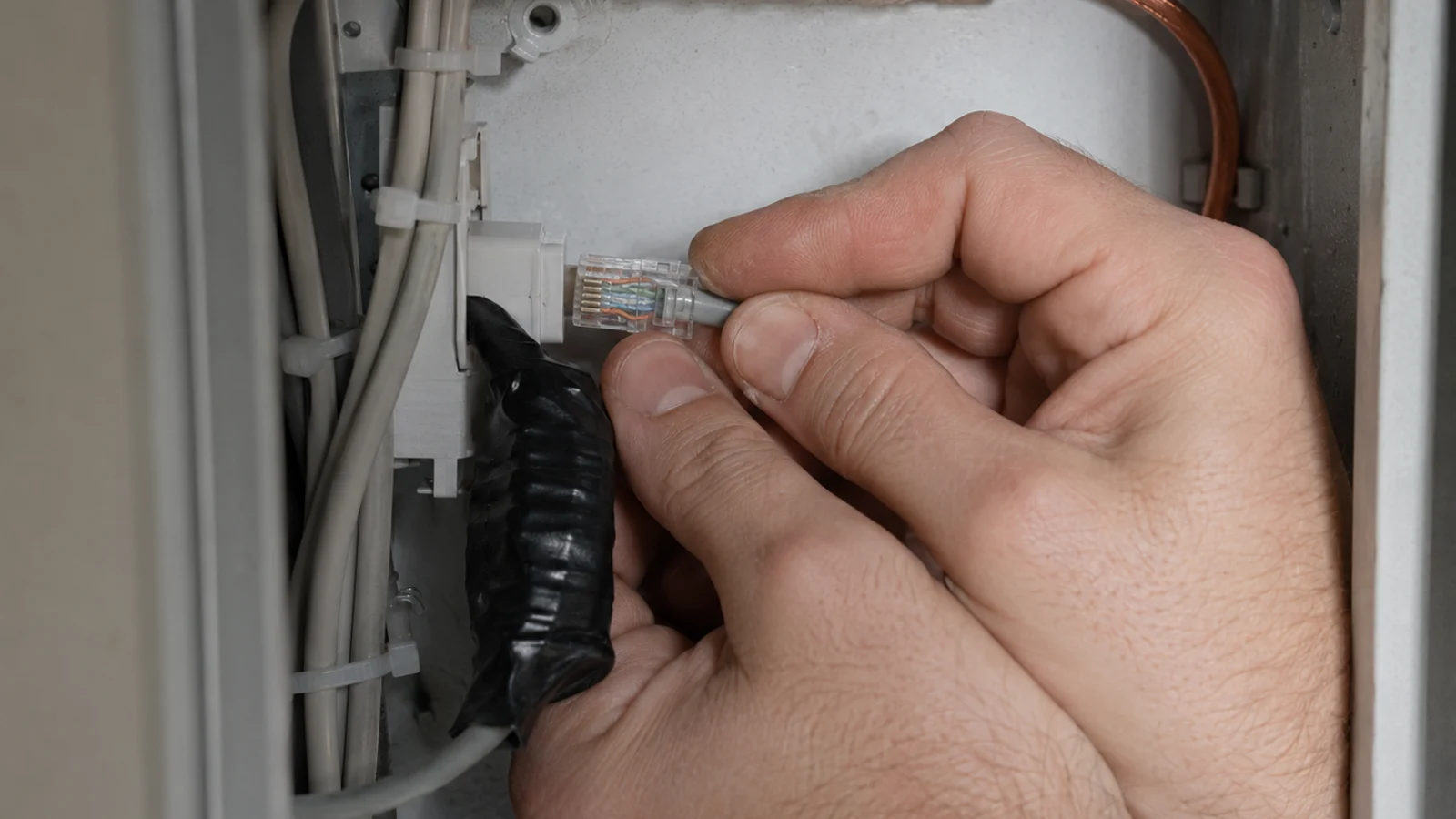 Conector de rede isolado com fita de alta fusão e fio terra de cobre organizado em quadro de instalação de CFTV