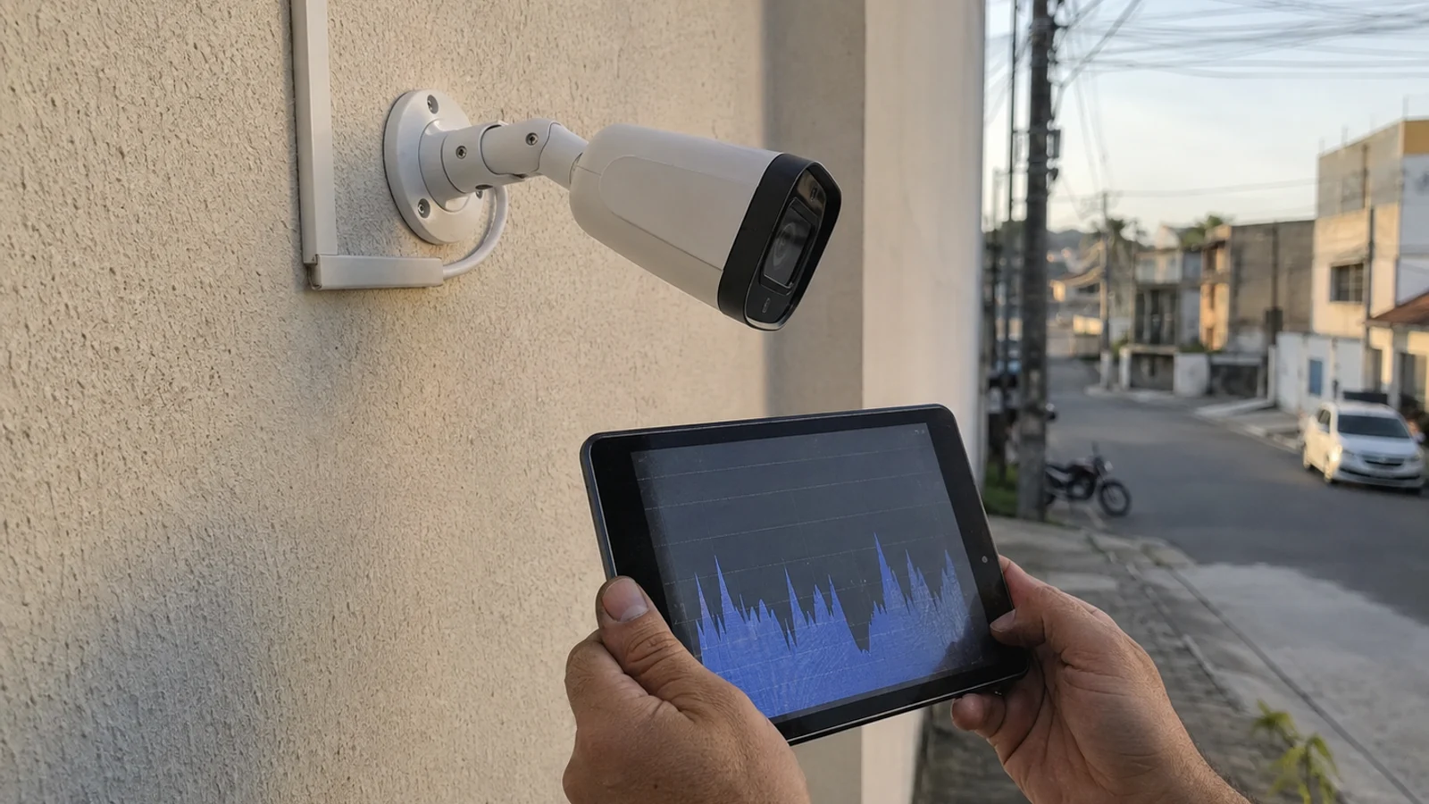 Técnico testando o funcionamento de uma câmera de segurança recém-instalada