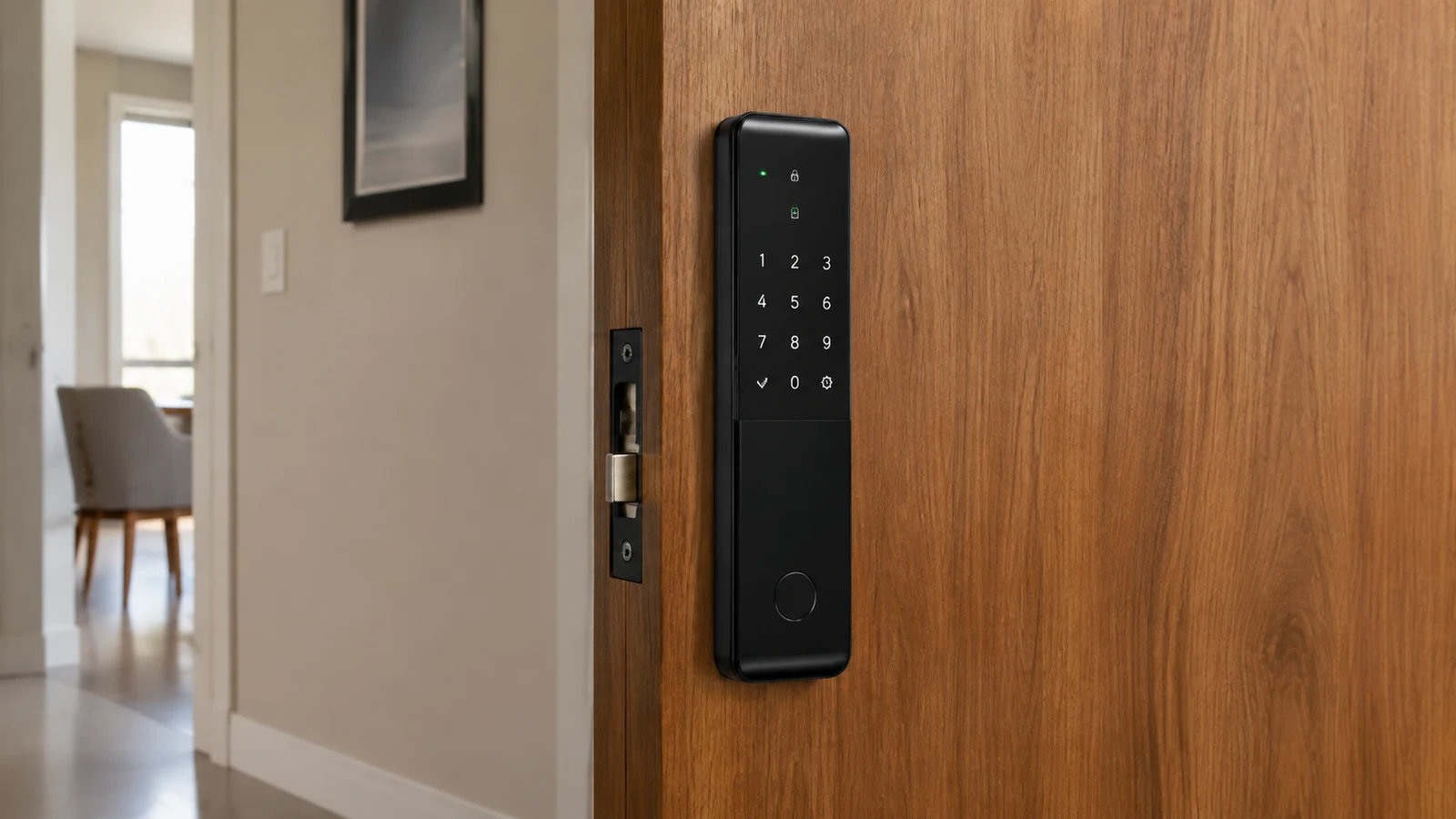 Fechadura digital de sobrepor preta instalada em porta de madeira na entrada interna de um apartamento