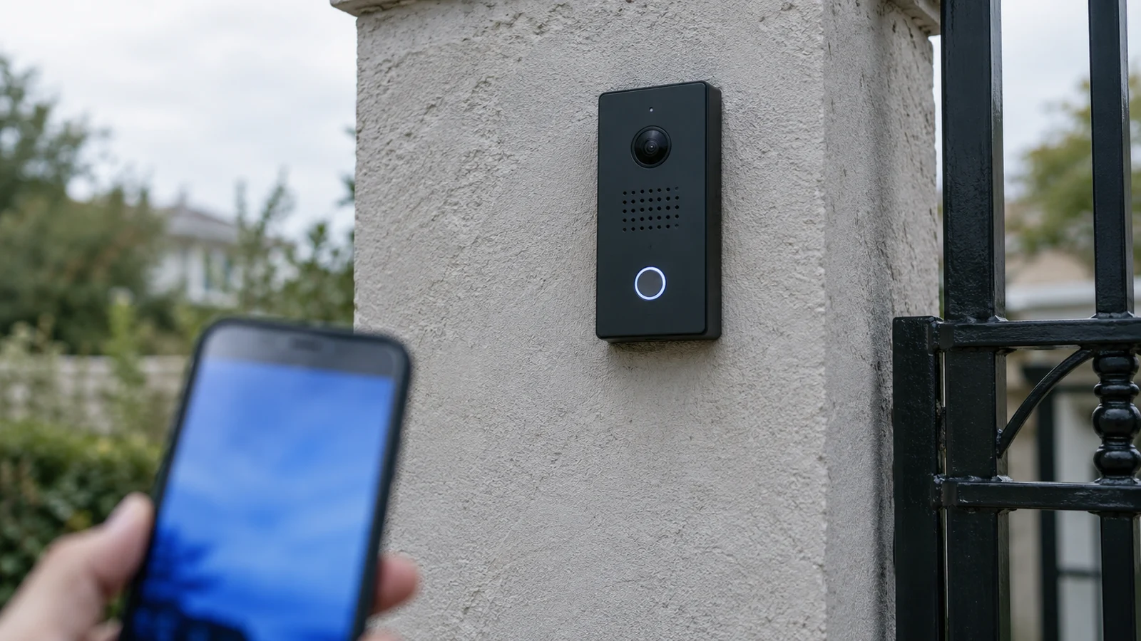 Módulo externo de interfone com câmera instalado em portão residencial, ao lado de uma mão segurando um celular com a chamada do interfone na tela