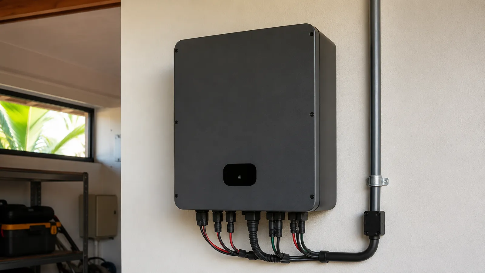 Inversor solar instalado na parede de uma área técnica, com cabos elétricos organizados e display digital aceso