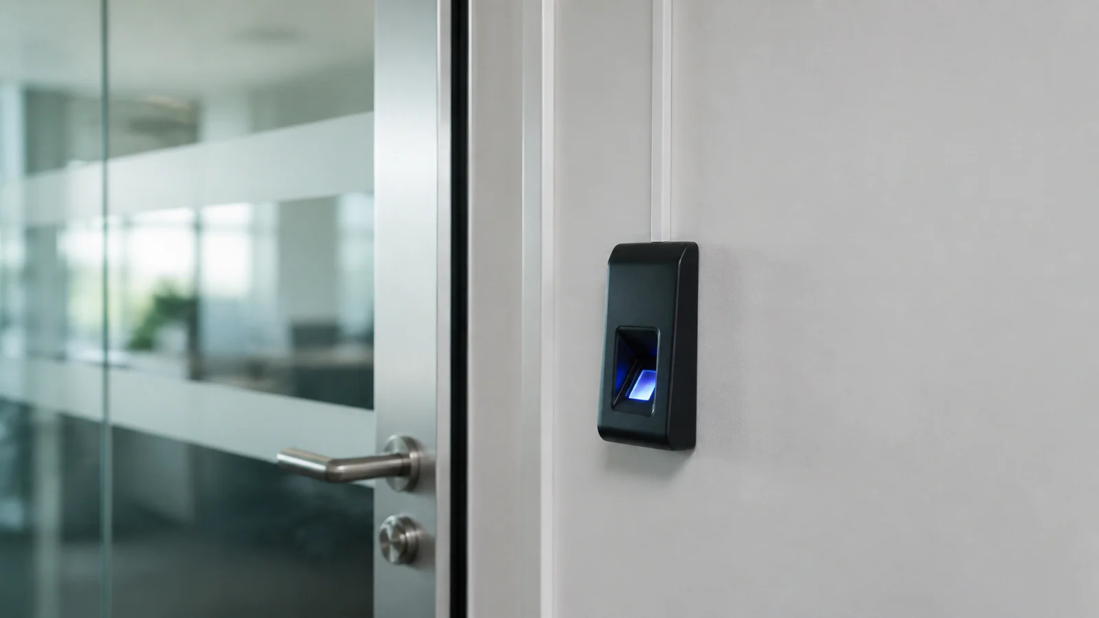 Leitor biométrico de impressão digital instalado ao lado da porta de uma empresa
