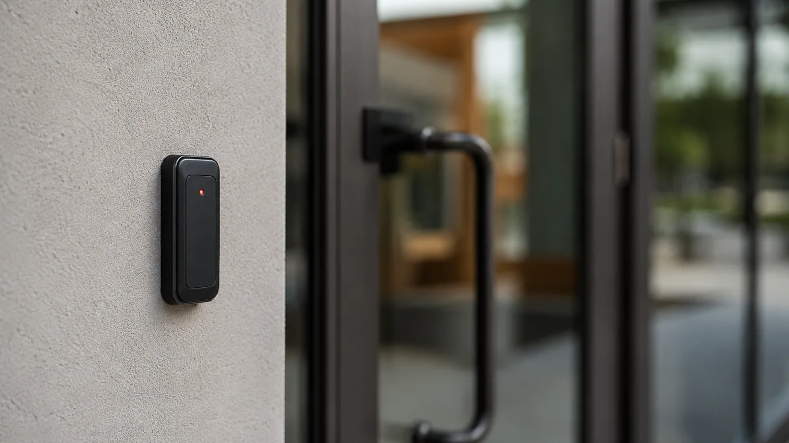 Leitor de proximidade RFID instalado na parede ao lado de uma porta
