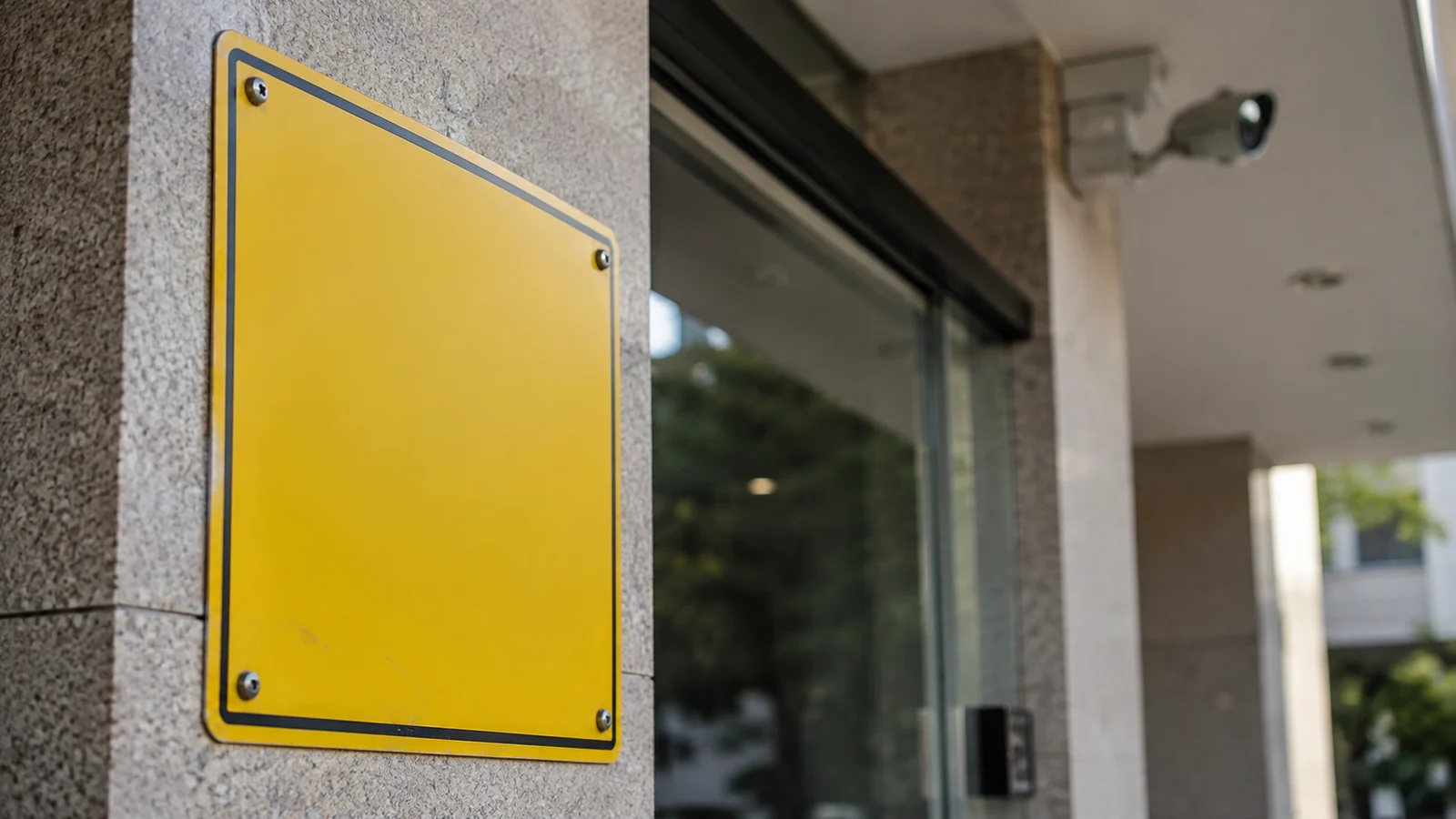 Placa de aviso de monitoramento por câmeras fixada perto da entrada de um estabelecimento, com câmera de segurança visível ao fundo