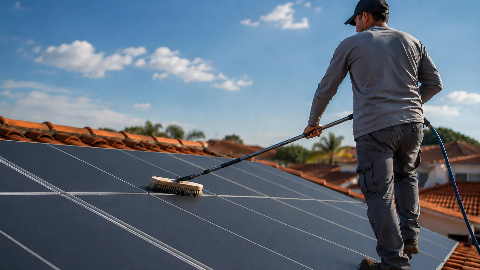 Técnico limpando painéis solares em um telhado com escova e água, em dia ensolarado