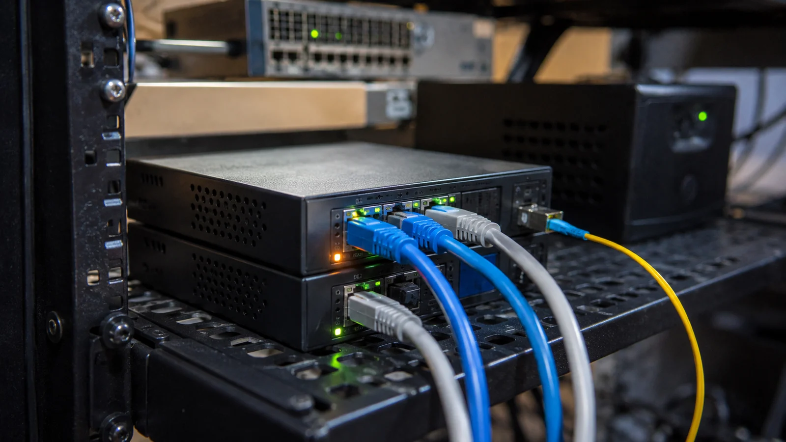 Dois roteadores Mikrotik compactos instalados lado a lado em um rack de rede, com cabos de rede e um cabo de fibra óptica conectados