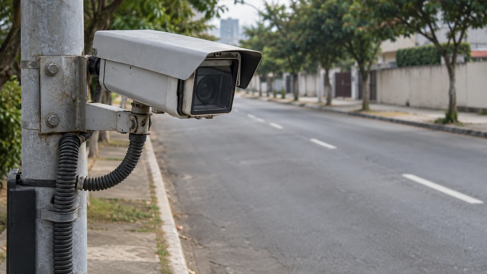 Câmera fixa instalada junto a uma via urbana, em imagem conceitual de videomonitoramento