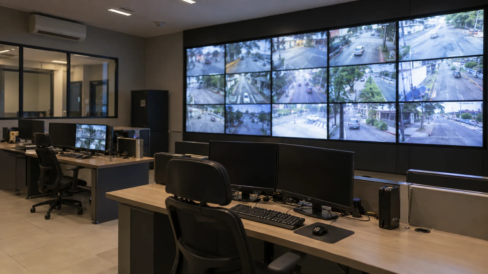 Sala de monitoramento vazia com telas de imagens urbanas desfocadas; ilustração conceitual