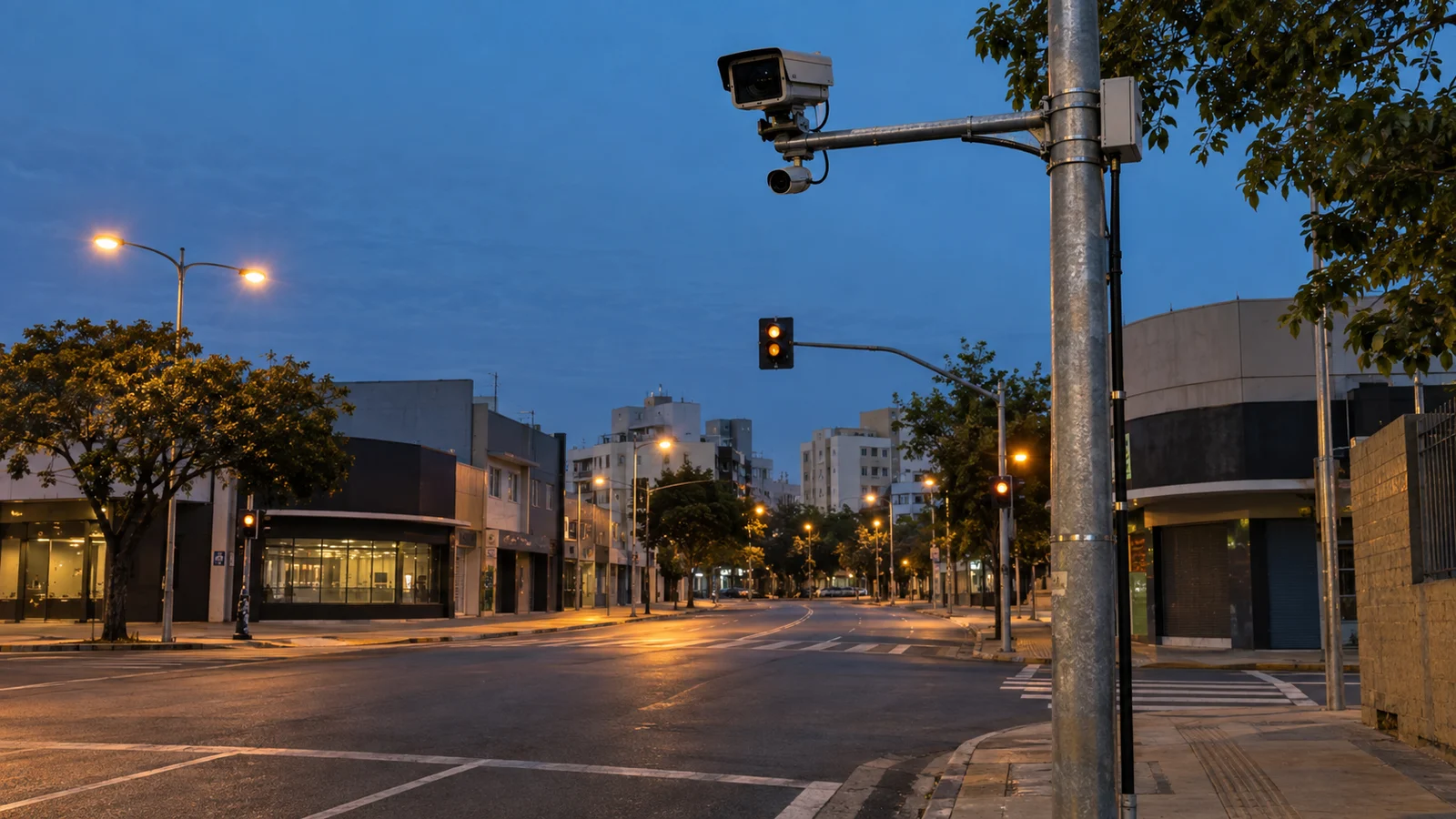 Câmera de videomonitoramento voltada para avenida urbana ao entardecer; ilustração conceitual