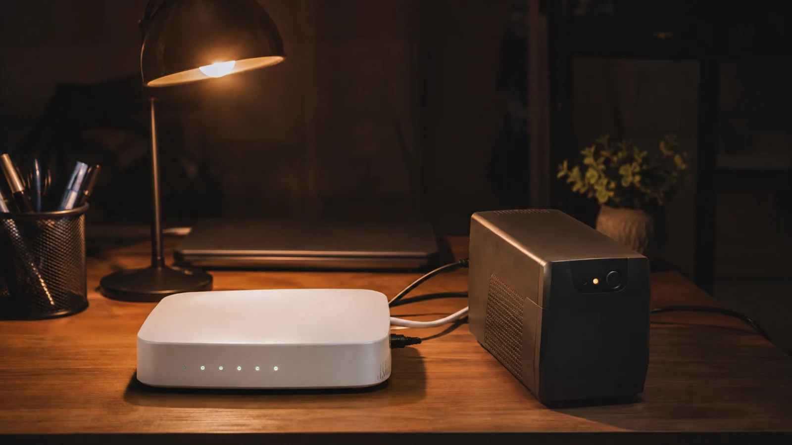 Roteador Wi-Fi conectado a um nobreak durante queda de energia