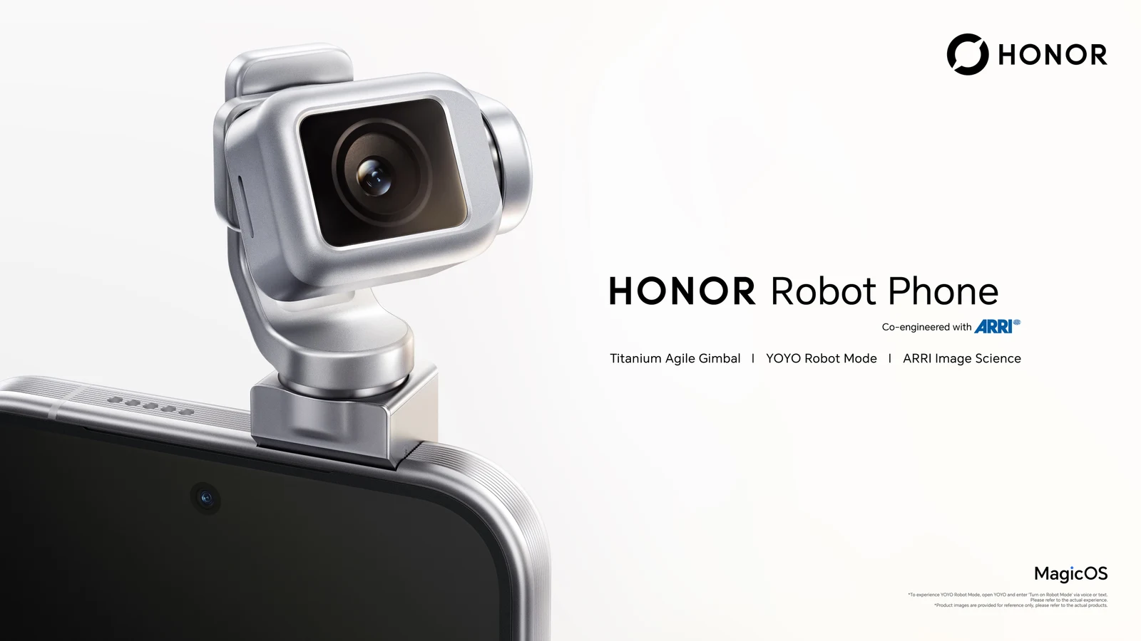 Imagem de divulgação da Honor mostrando o gimbal do Robot Phone em destaque, com os dizeres "HONOR Robot Phone, Co-engineered with ARRI" e a lista de recursos Titanium Agile Gimbal, YOYO Robot Mode e ARRI Image Science