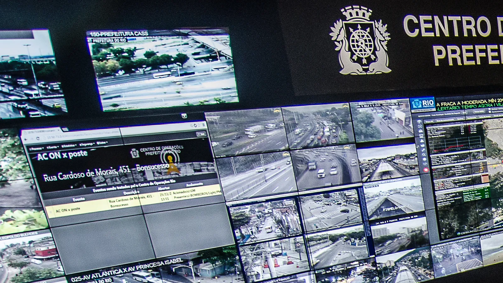 Parede de monitores de uma central de monitoramento por câmeras, com múltiplas telas exibindo imagens de vias públicas