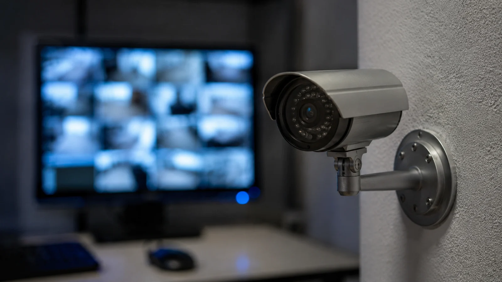 Câmera de segurança em primeiro plano com monitor exibindo grade de câmeras desfocada ao fundo