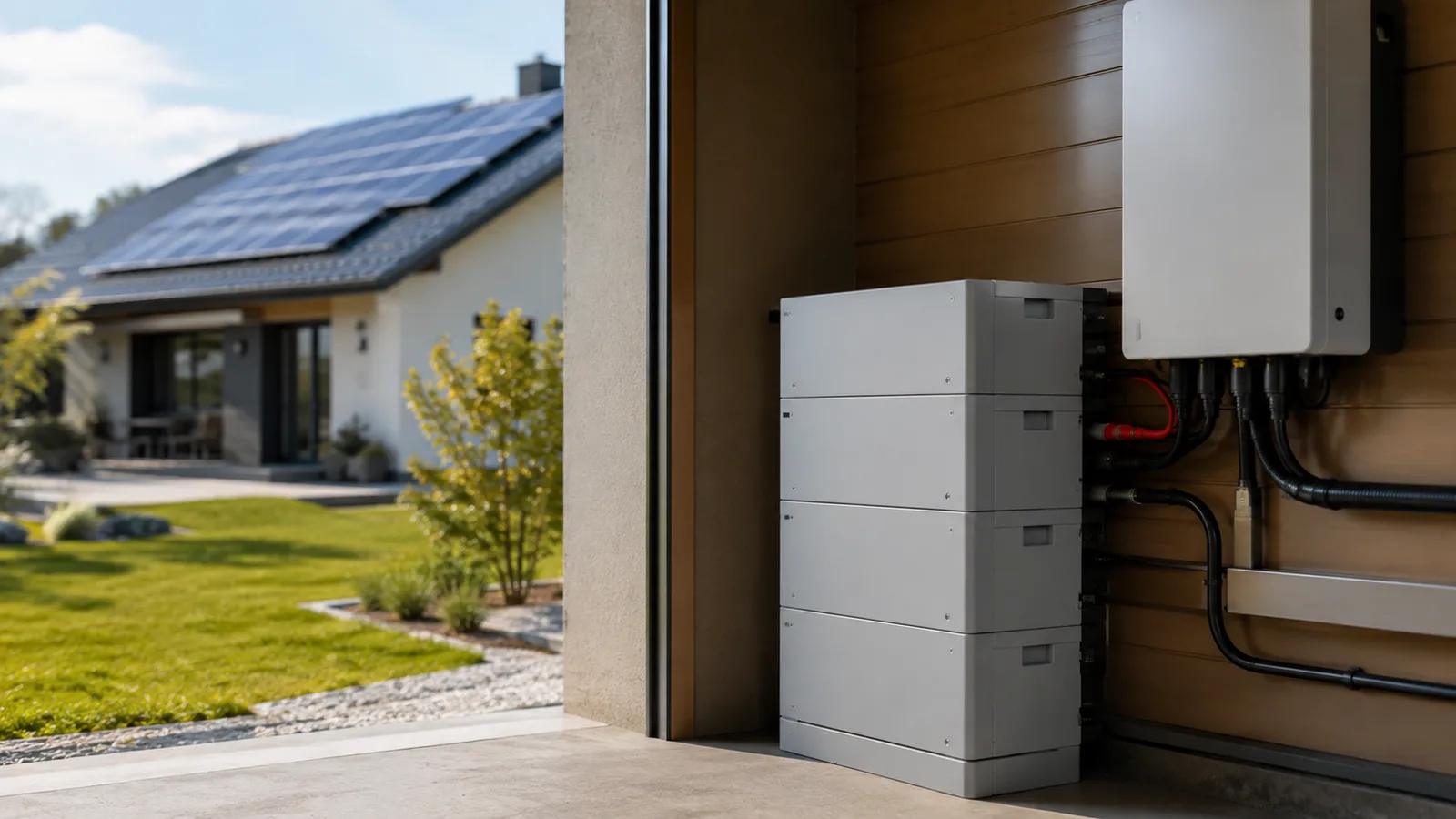 Sistema fotovoltaico com módulos solares no telhado conectados a um banco de baterias e inversor instalados na parede externa de uma casa