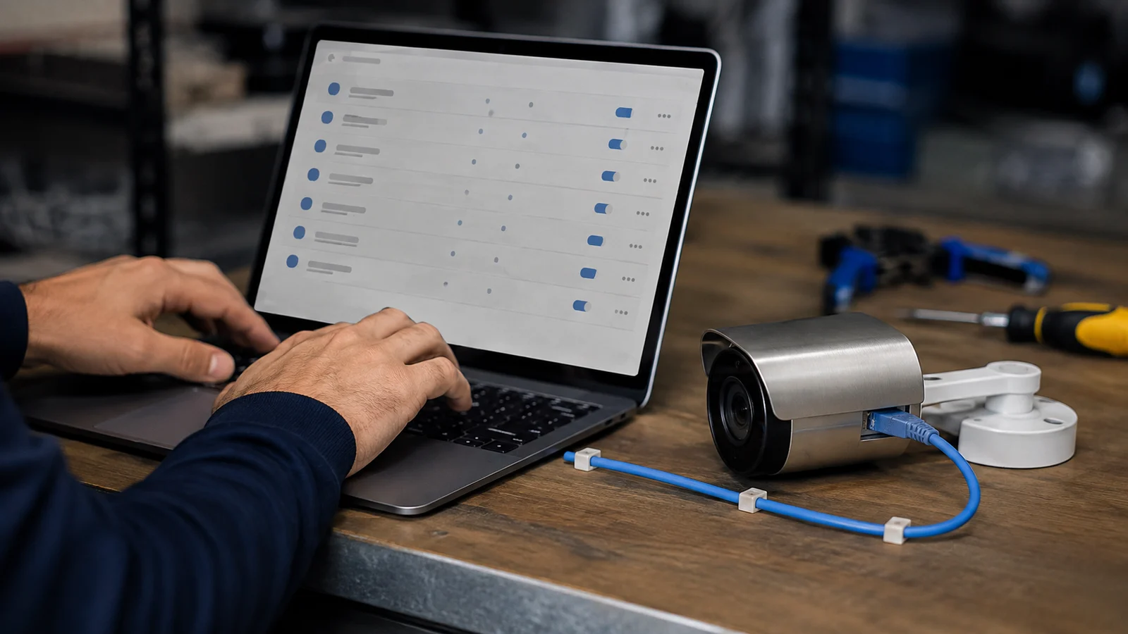 Instalador testando câmera IP com notebook em bancada técnica, cabo de rede conectado