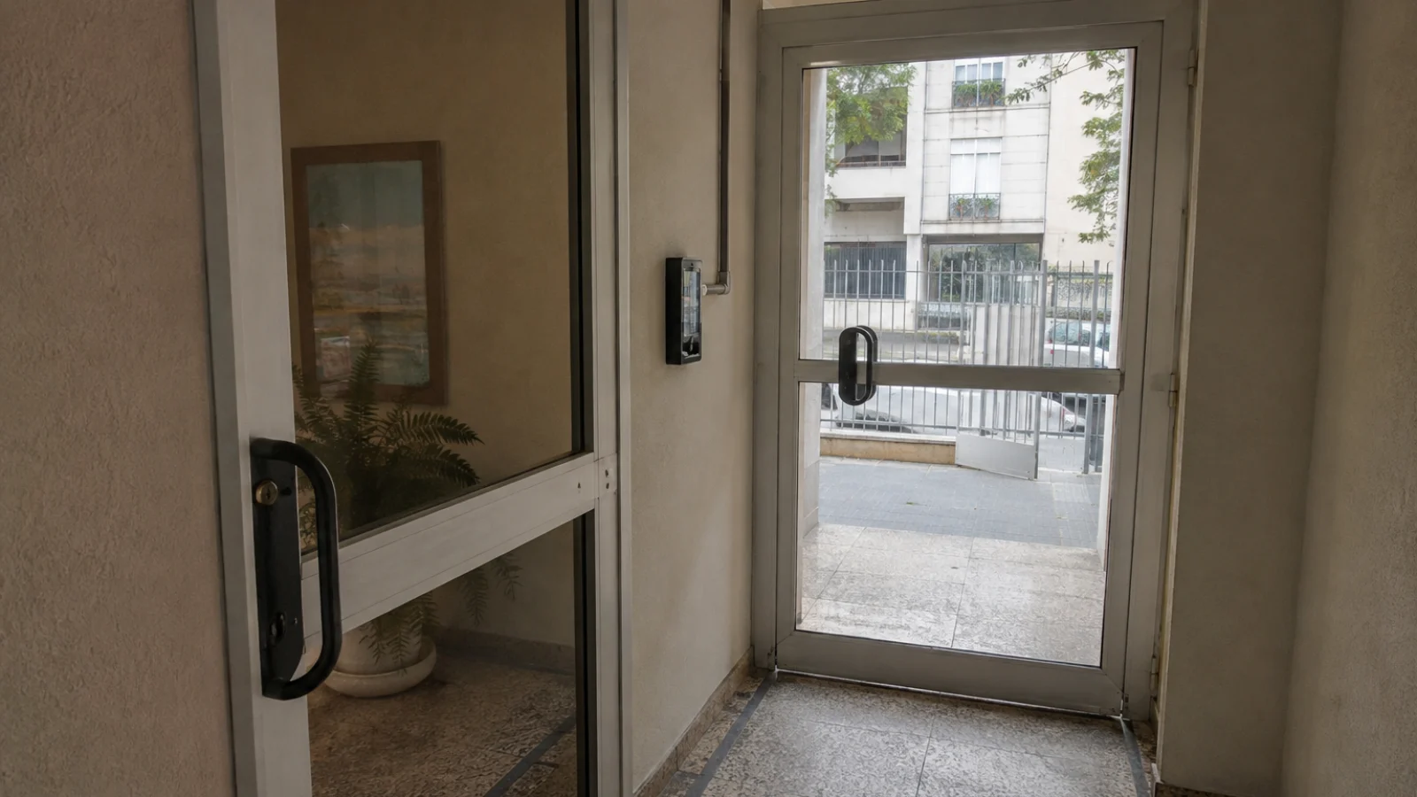 Entrada de condomínio residencial pequeno com leitor de acesso instalado ao lado da porta social